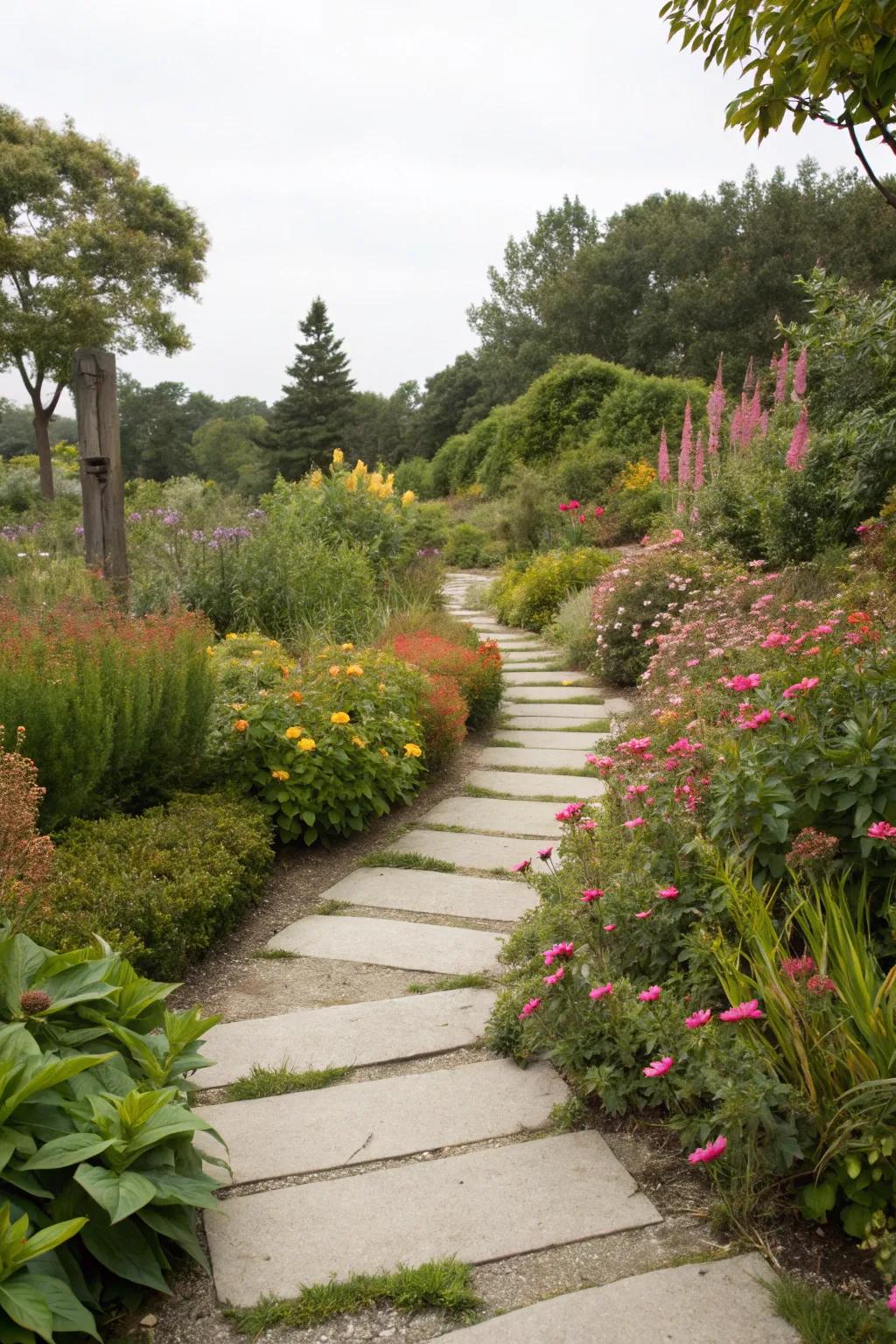 Stepping stones guide visitors through a garden rich with native plants.