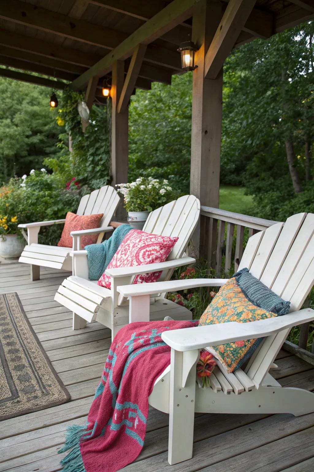 Adirondack chairs adorned with throws and pillows for added comfort.