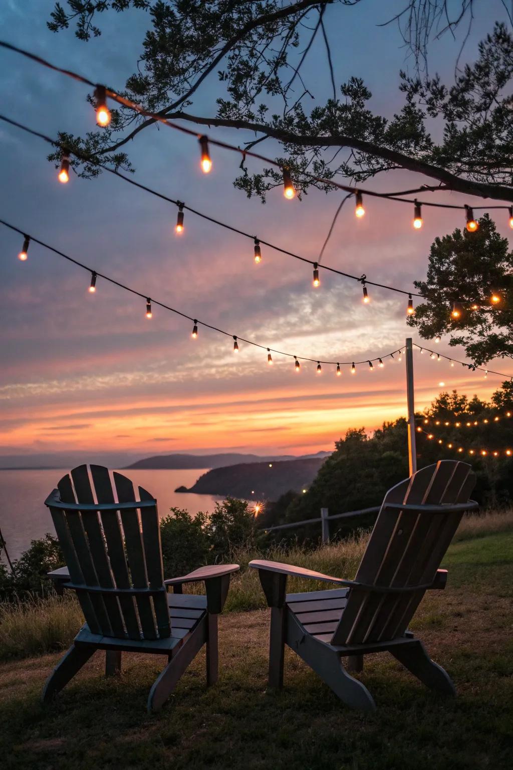 Adirondack chairs offer a magical retreat at twilight.