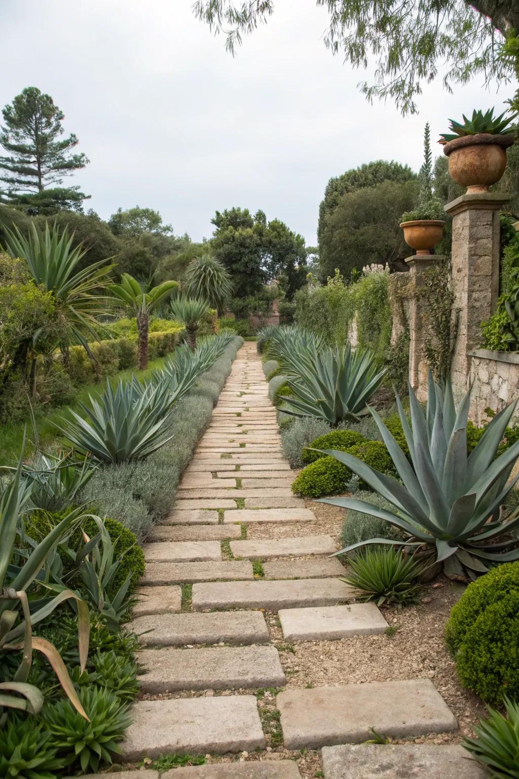 Agaves lining a stone pathway for a structured garden layout.