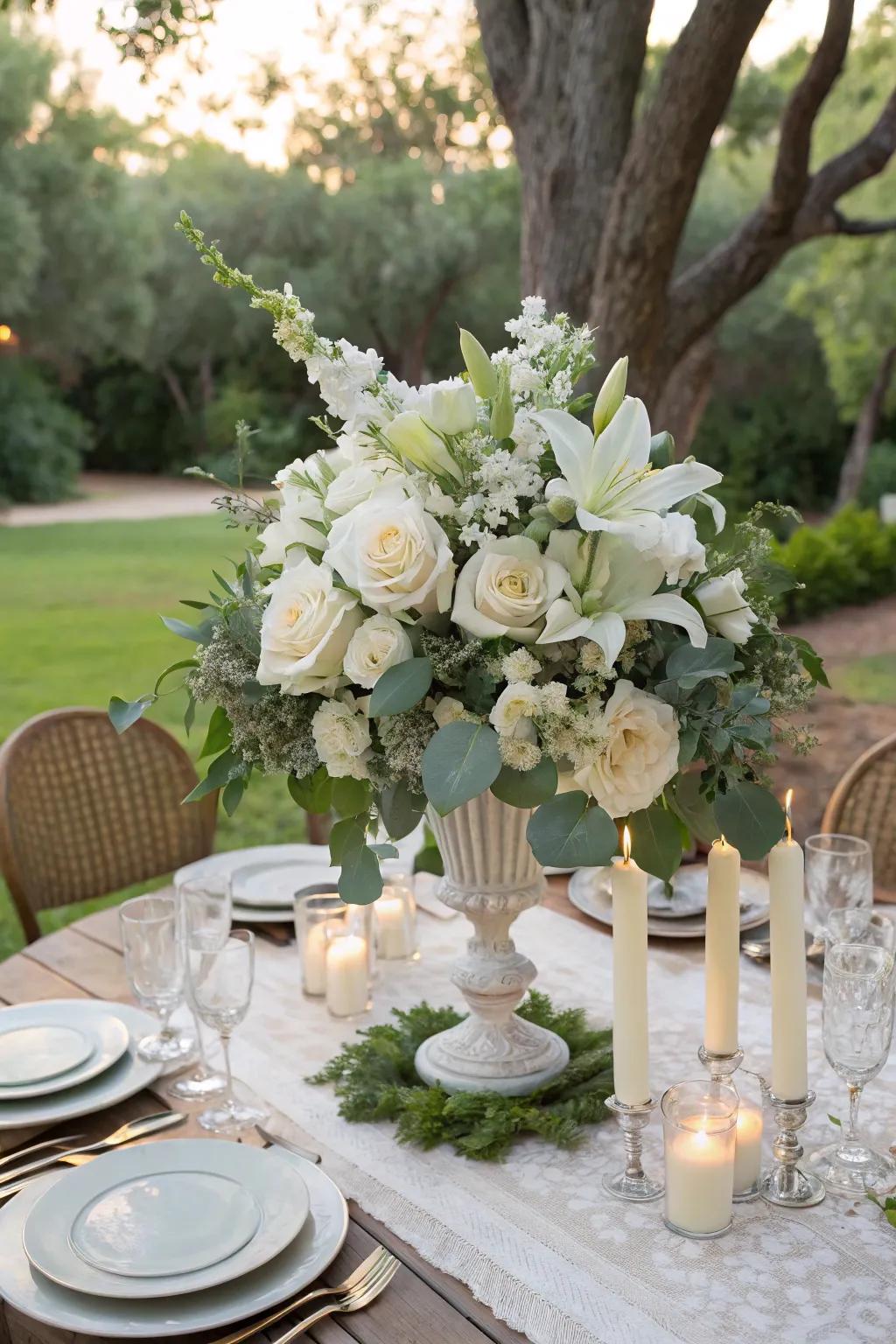Create stunning all-white floral centerpieces with a touch of greenery.