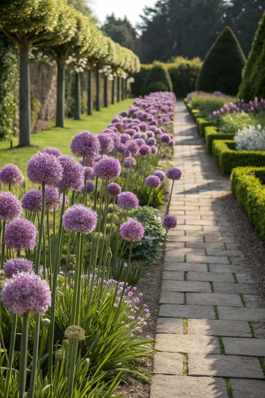 Formal garden pathways adorned with alliums.