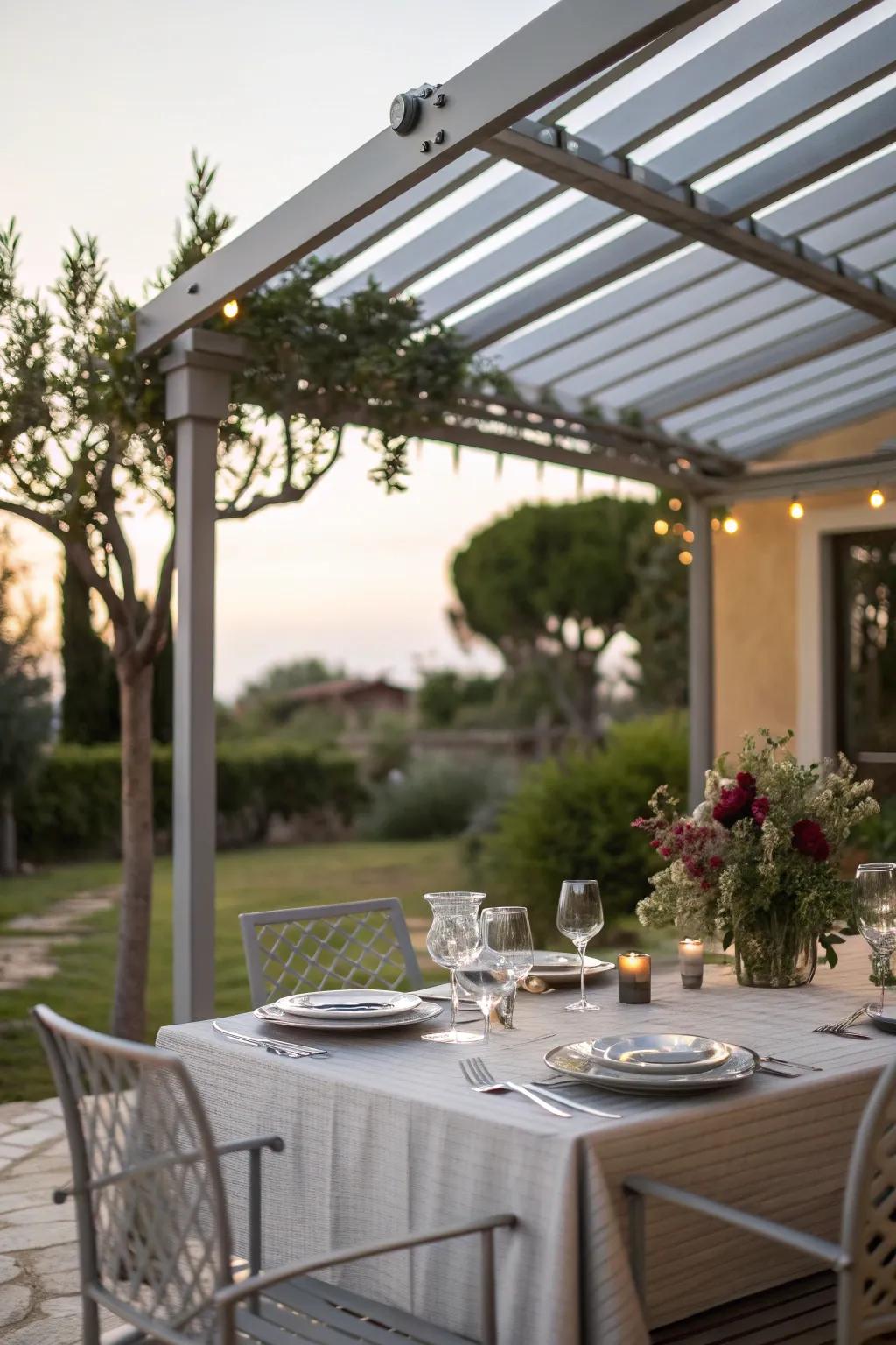 An aluminum pergola set up for al fresco dining.