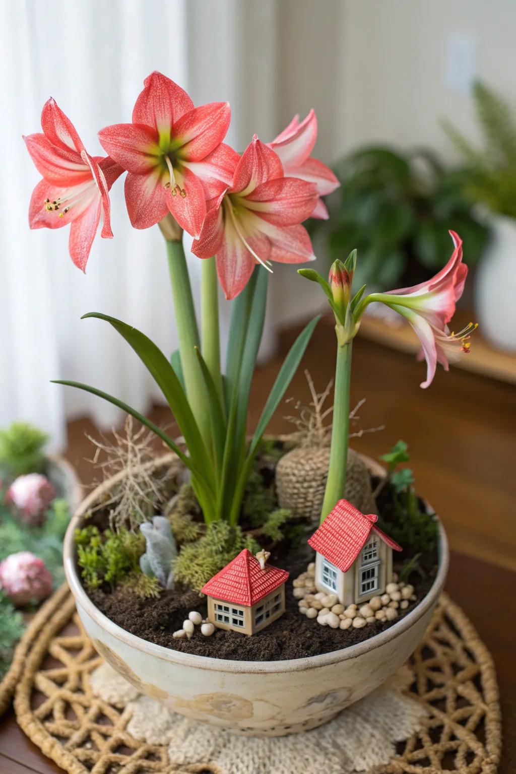 An artistic miniature garden scene with amaryllis.