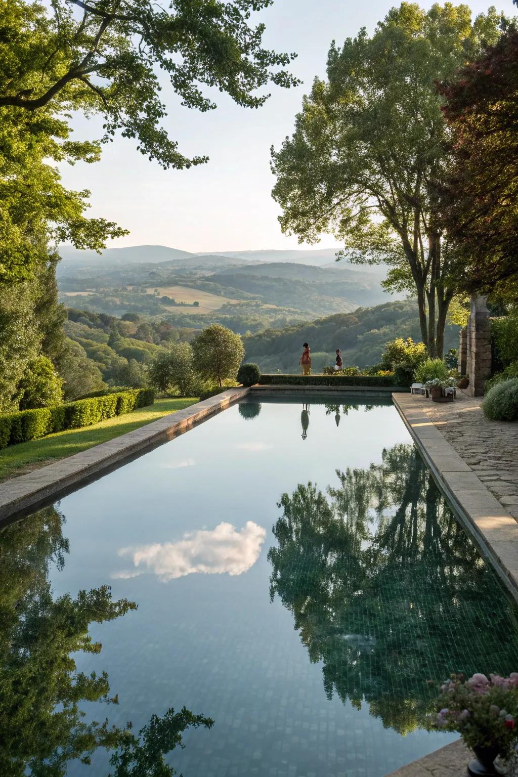 A pool with reflective water features, capturing the beauty of its surroundings.