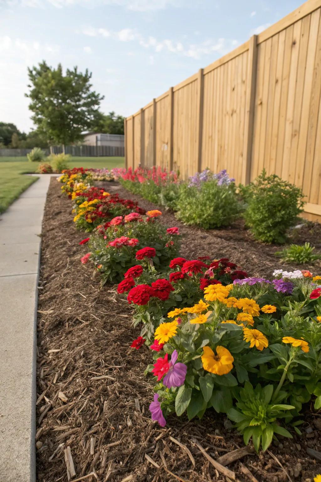 Neat and tidy garden beds with colorful annuals and mulch.
