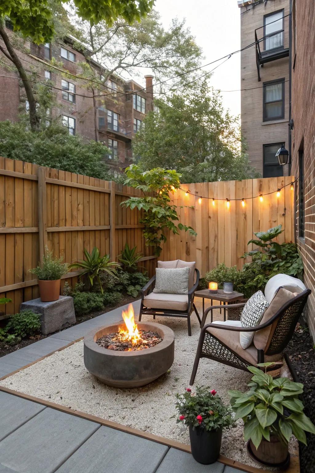 An inviting apartment backyard featuring a small fire pit, perfect for cozy gatherings.