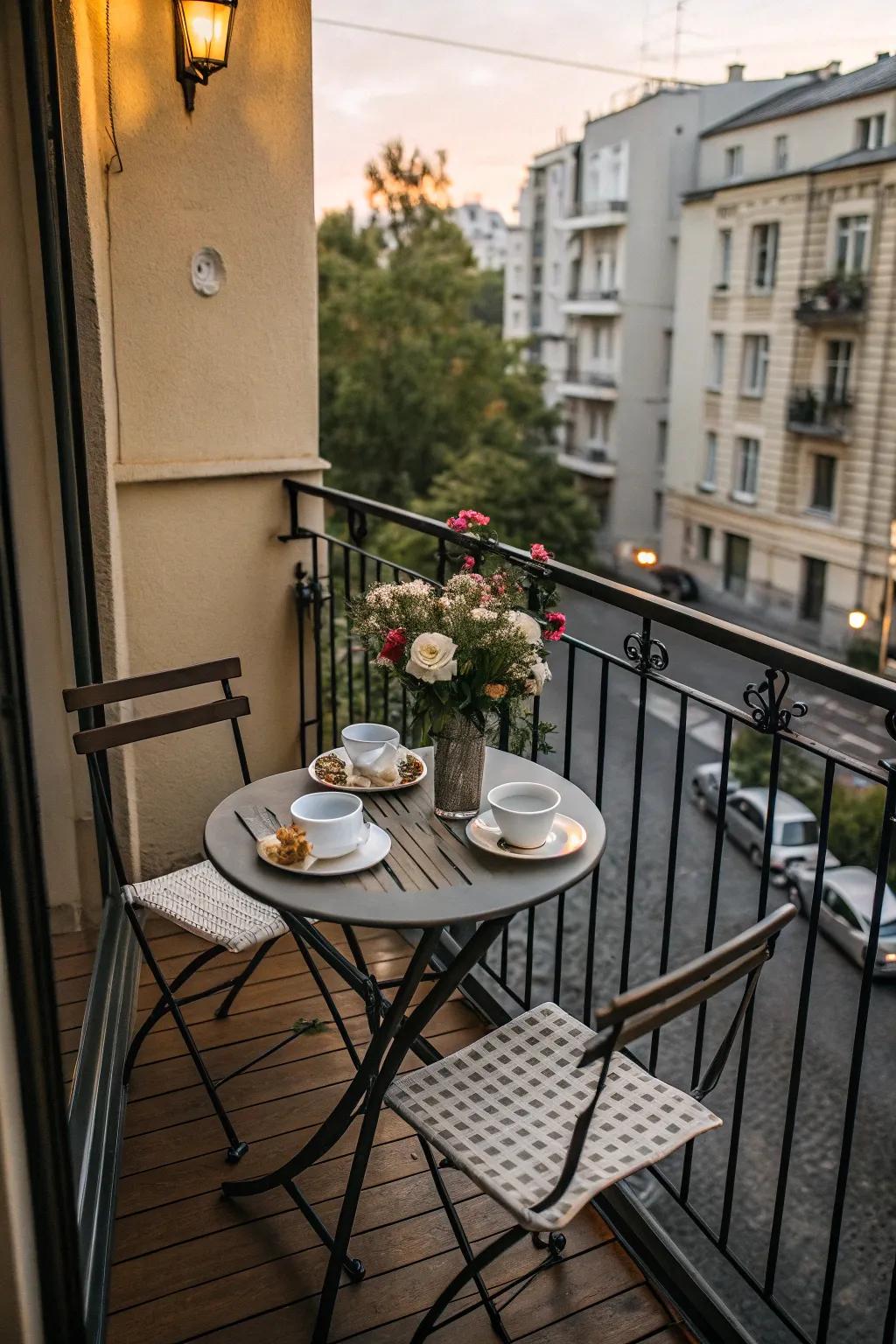 A charming bistro set perfect for dining on a small apartment balcony.