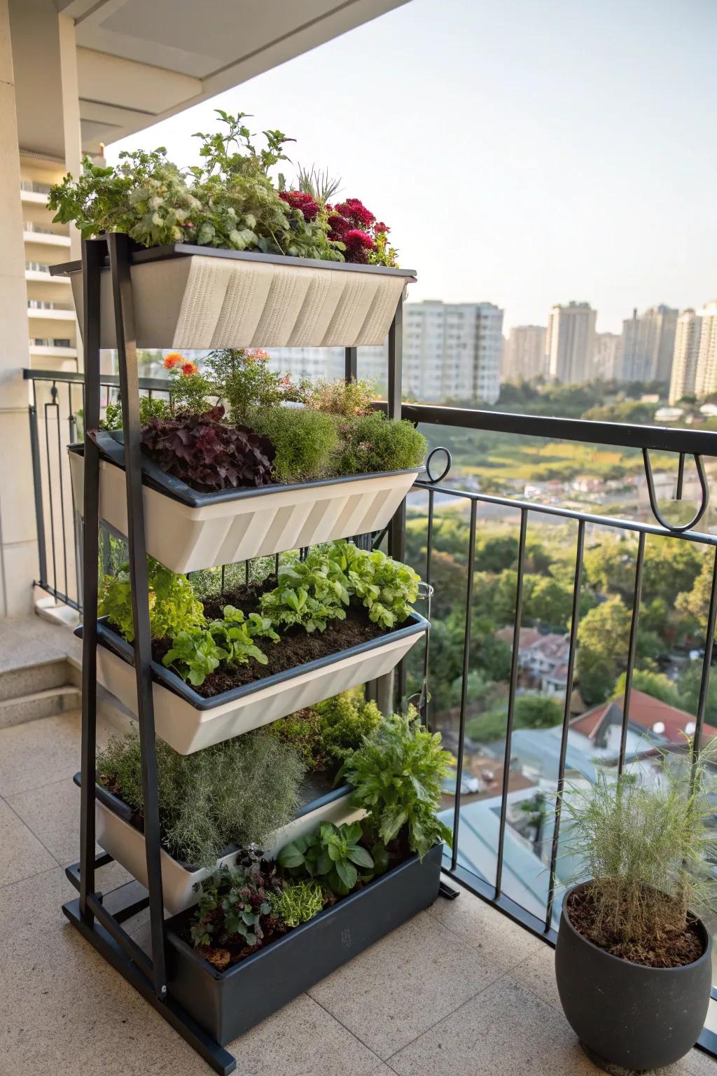 Add visual interest to your balcony with tiered planters.