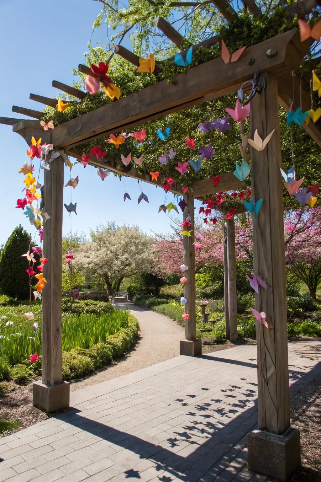 Paper cranes add a whimsical and personalized touch.