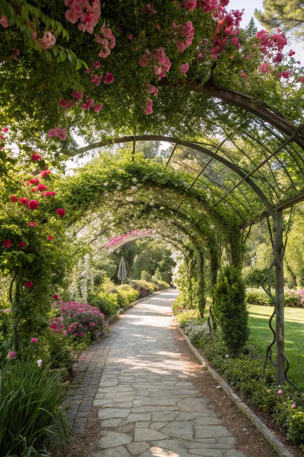 Arbors over garden pathways, inviting guests on a journey through lush greenery.
