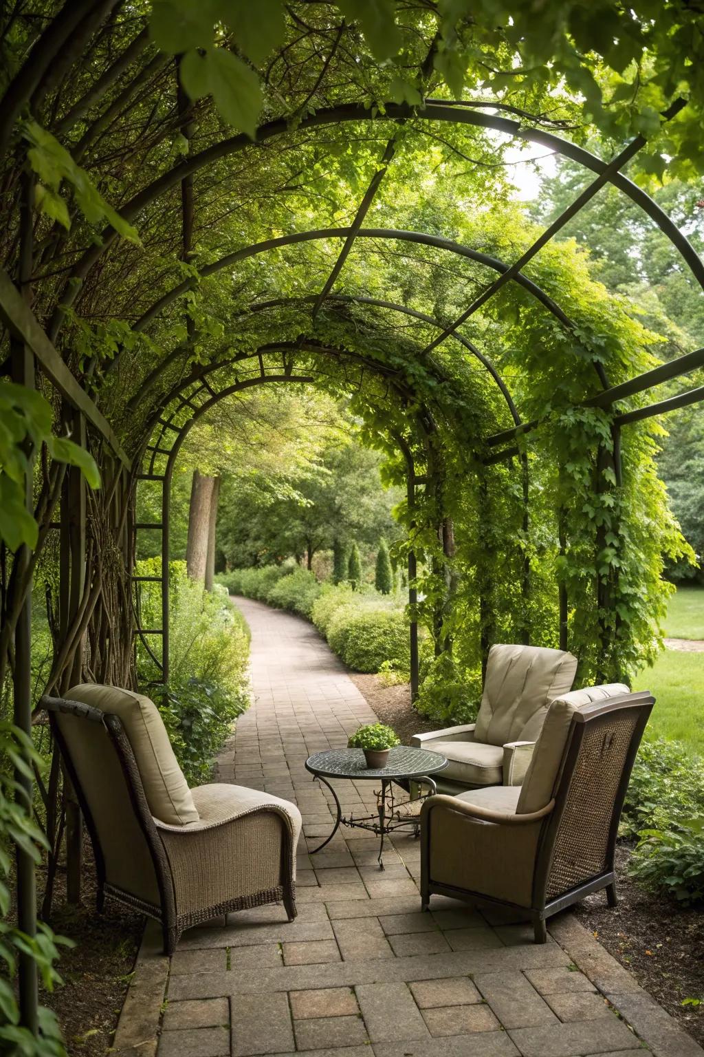 A private garden nook created with arch trellises.