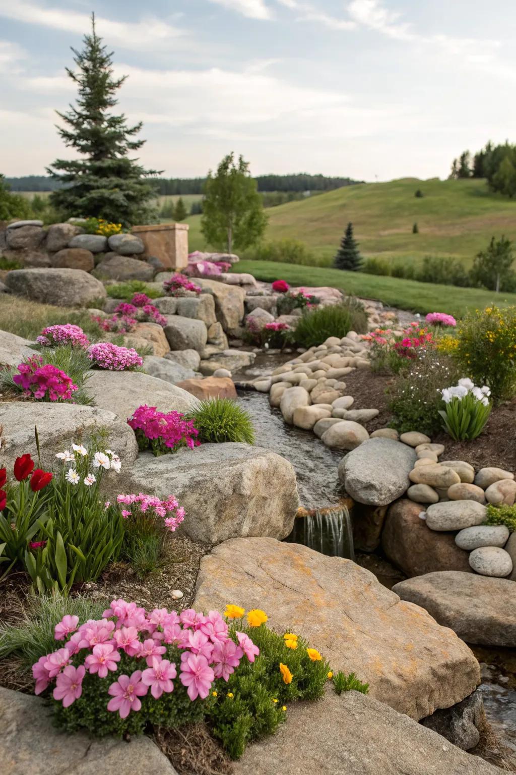 A peaceful rock garden enhanced with vibrant artificial blooms.