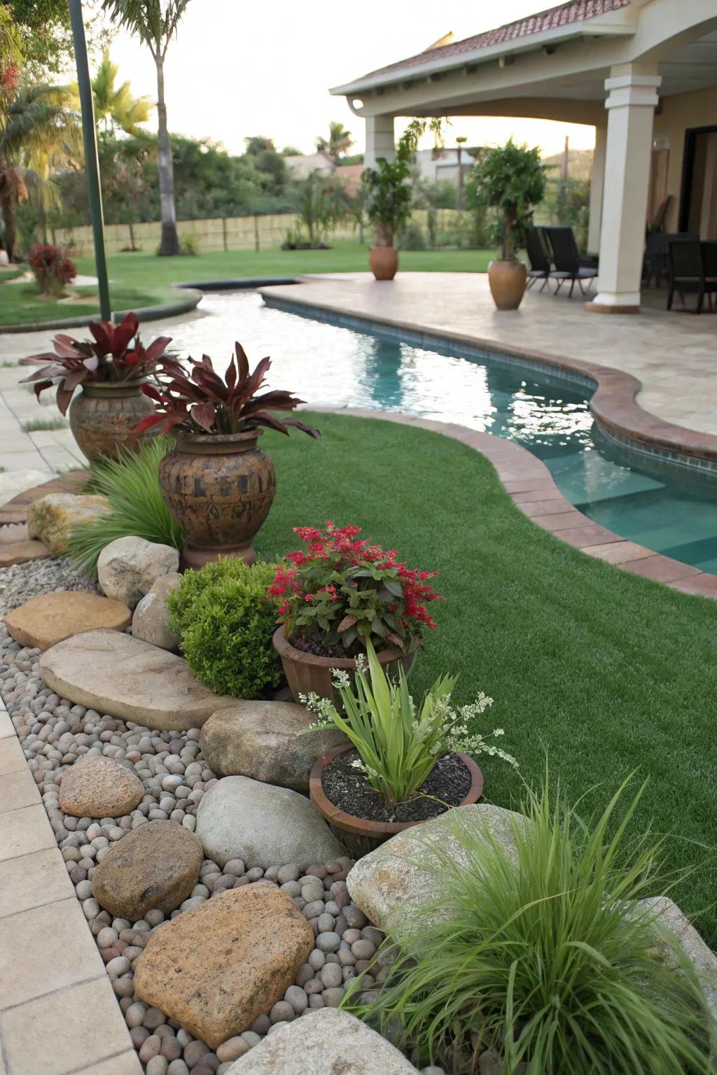 Enhance your pool area with decorative elements against the lush backdrop of artificial grass.