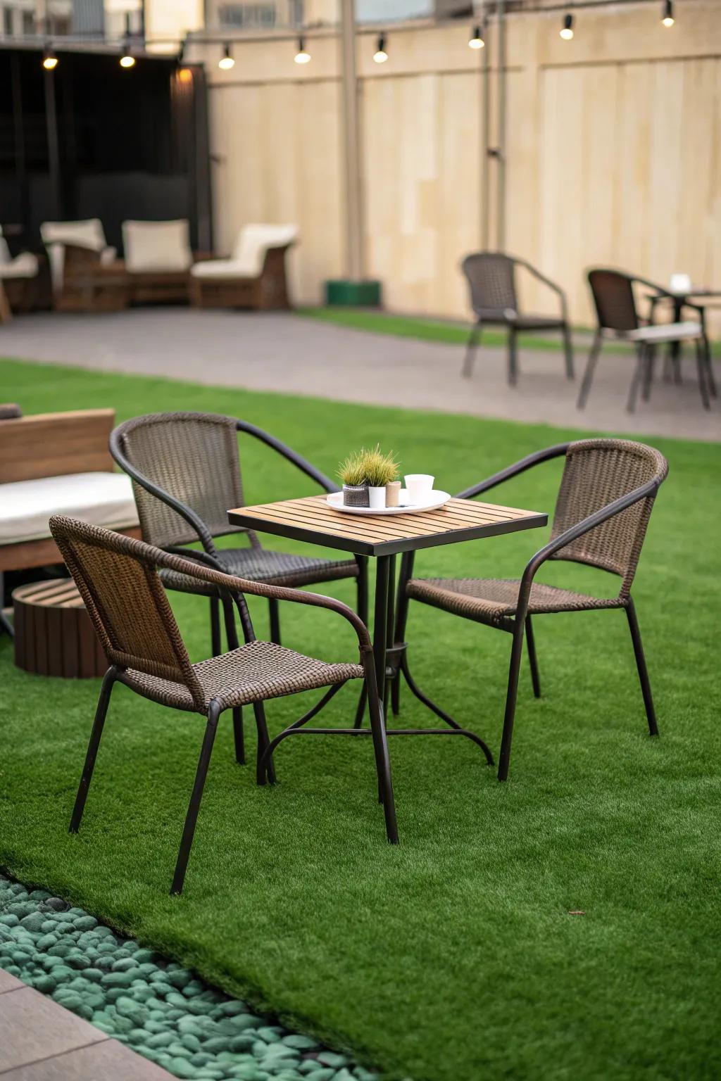 A chic seating area adds functionality and charm to your artificial grass front yard.