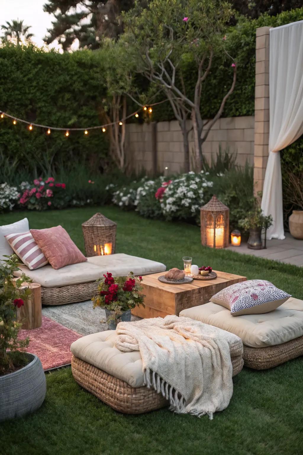 Bring indoor comfort outside with a living room setup on artificial grass.
