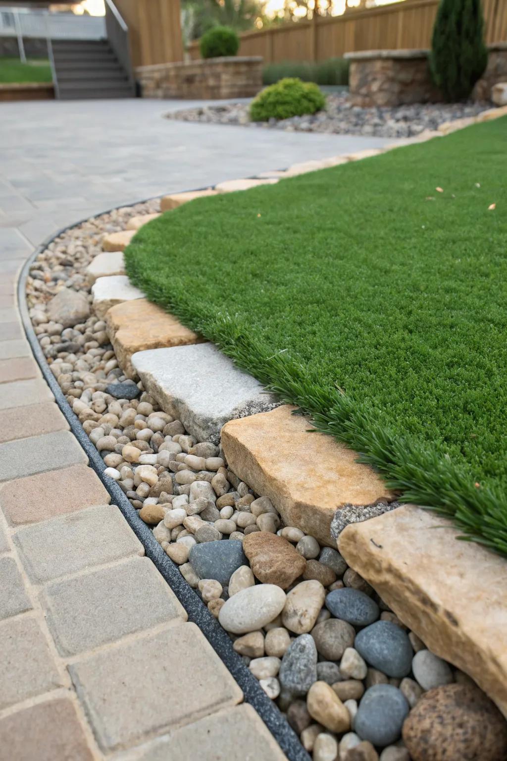 A creative mix of gravel and pebbles bordering artificial turf.