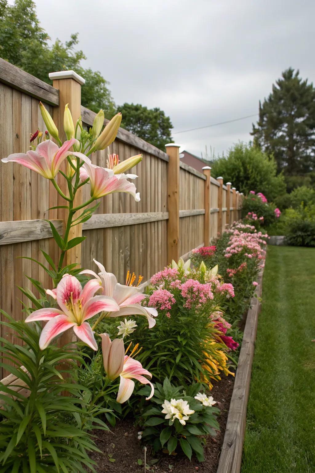 Lilies providing a colorful backdrop against a garden fence.