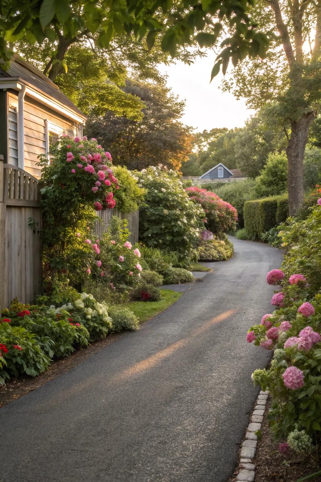 An asphalt driveway beautifully integrated with lush plants and flowers.