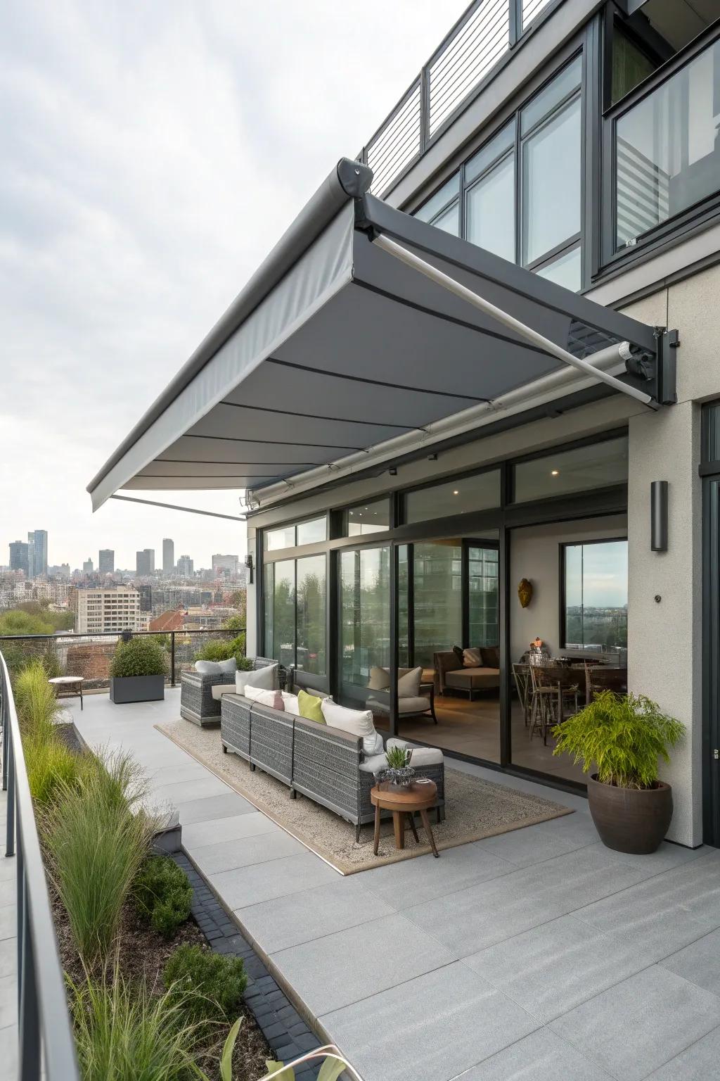 Cool gray awnings offer a sleek and modern look.