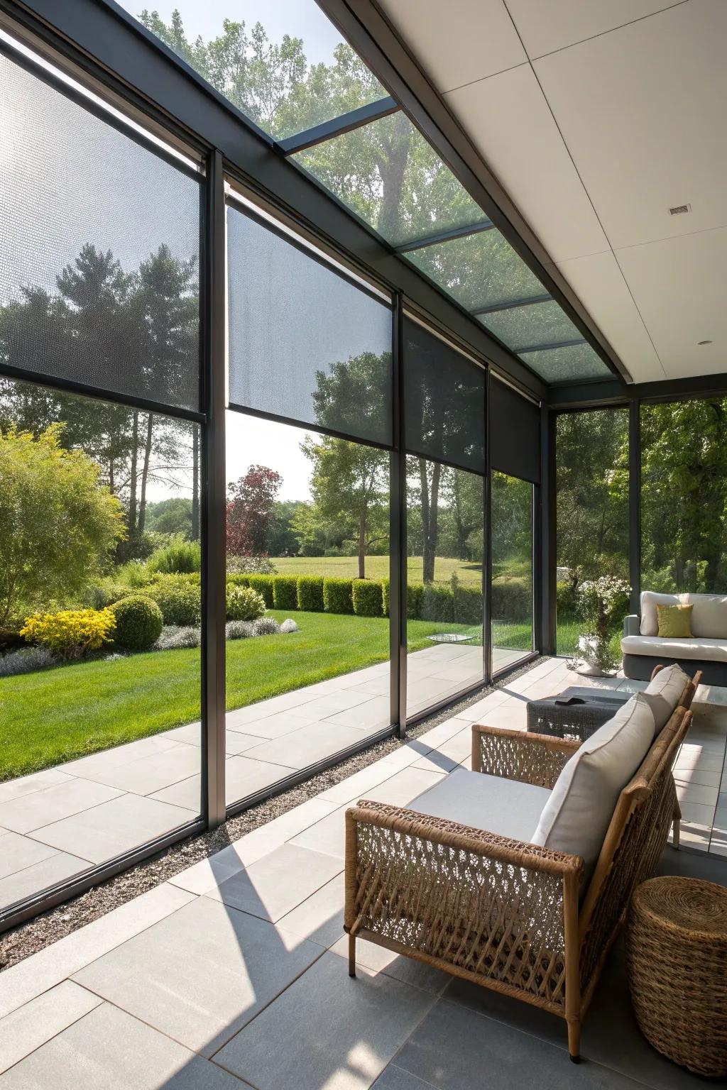 Solar screens provide sun protection and privacy.