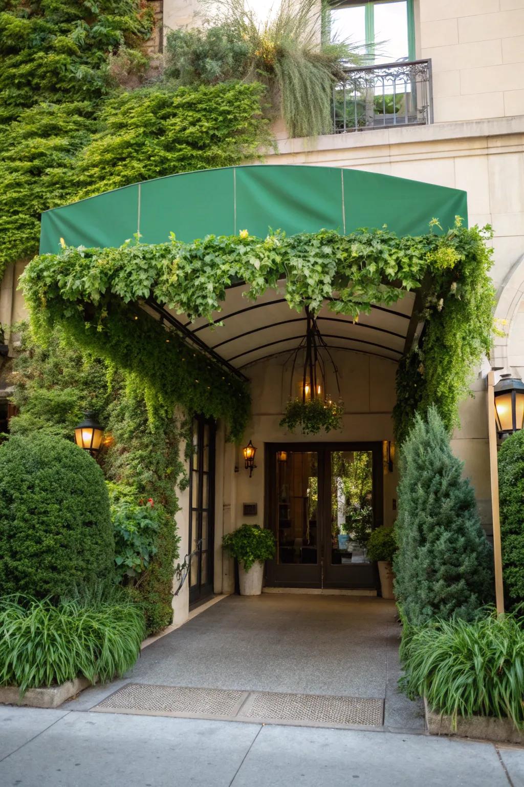 A living green wall awning creates a lush, vibrant entryway.