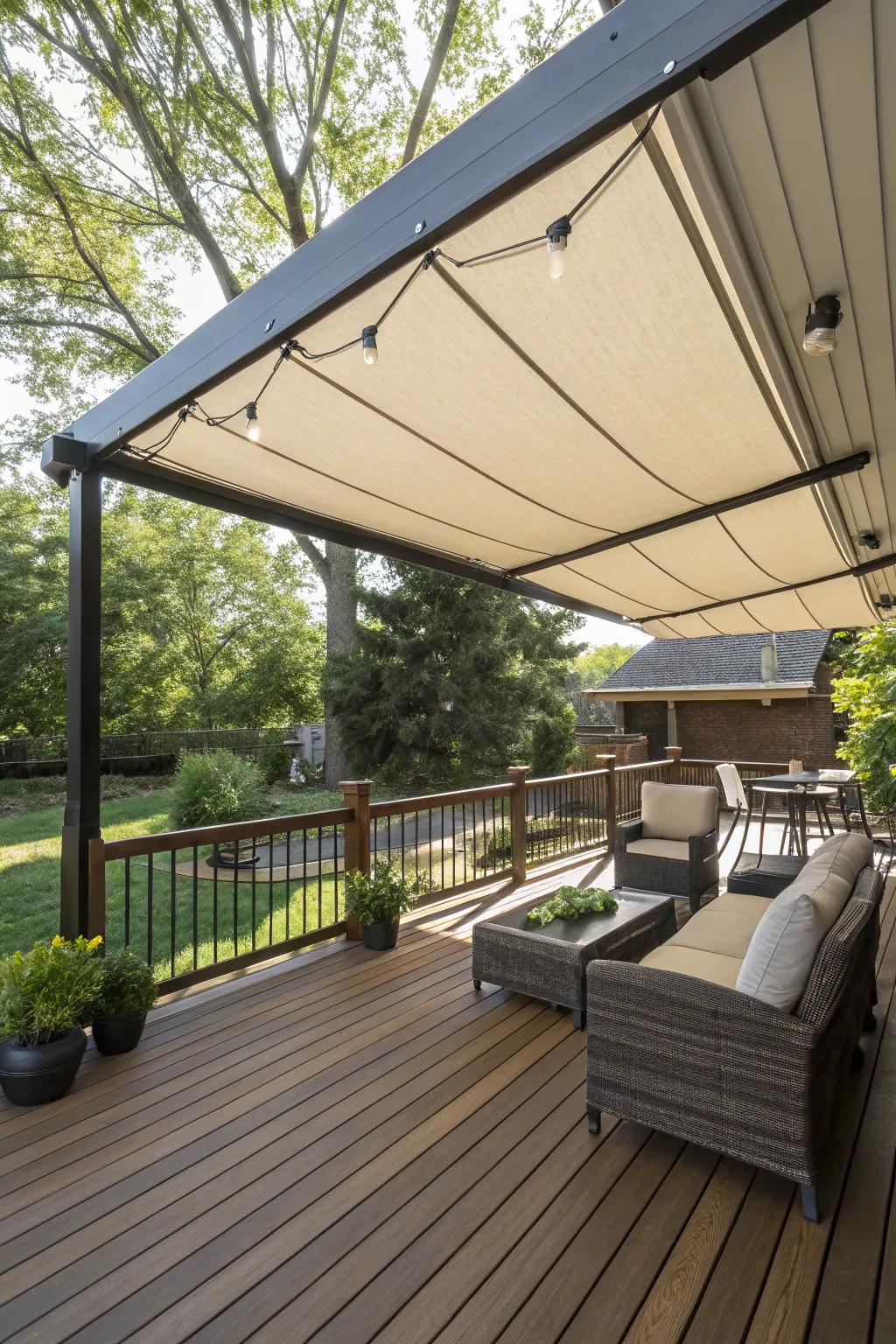 A fabric canopy provides flexible shade for varying weather conditions.
