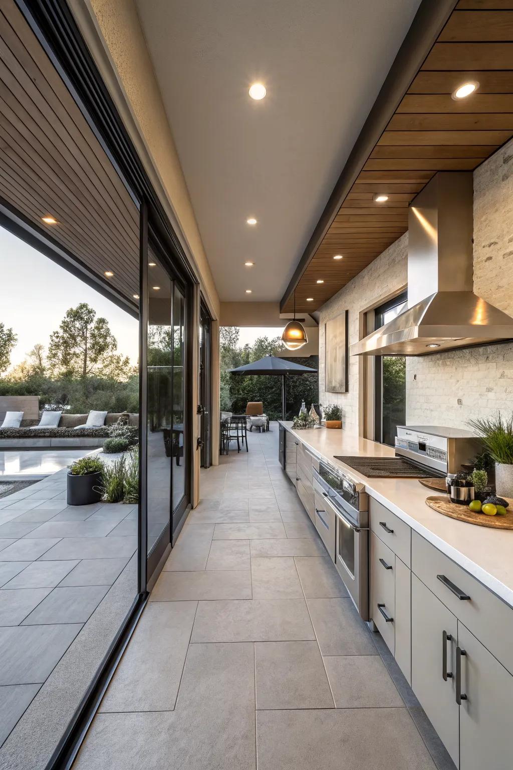 Expansive countertops offer both functionality and style in this back patio kitchen.