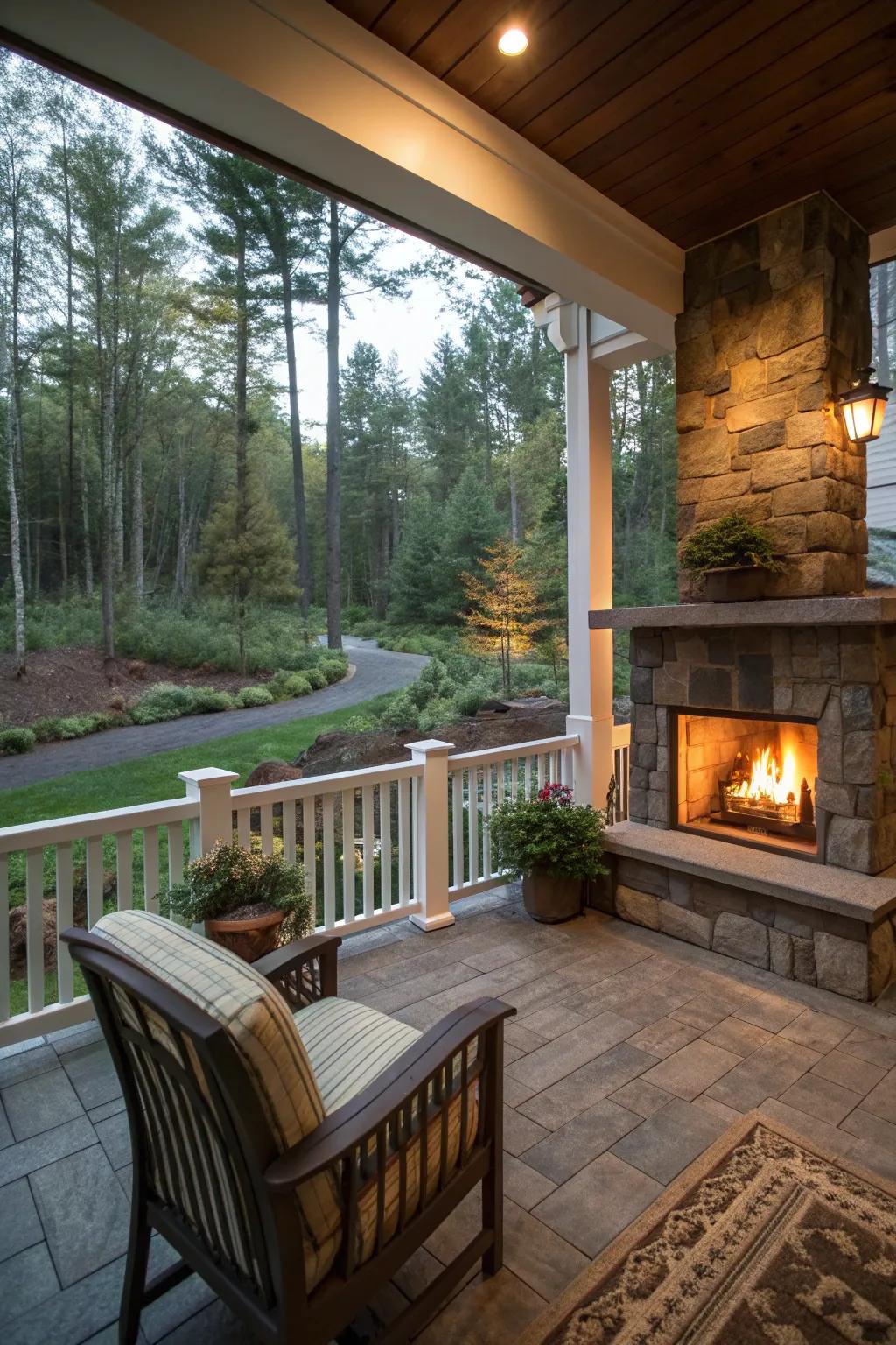 A fireplace with a backdrop of nature, enhancing the porch's ambiance.