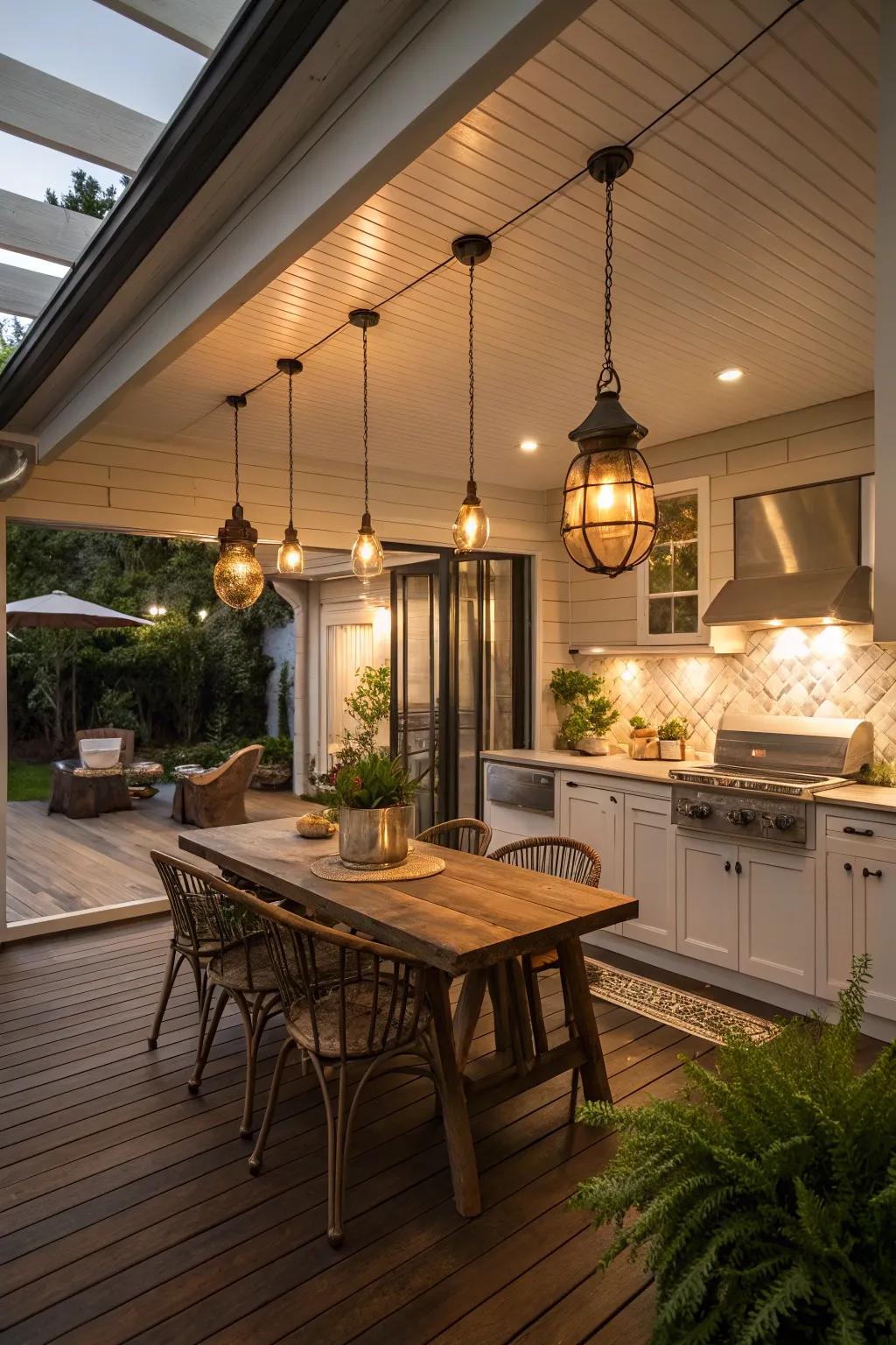 Elegant lighting transforms your outdoor kitchen for evening use.