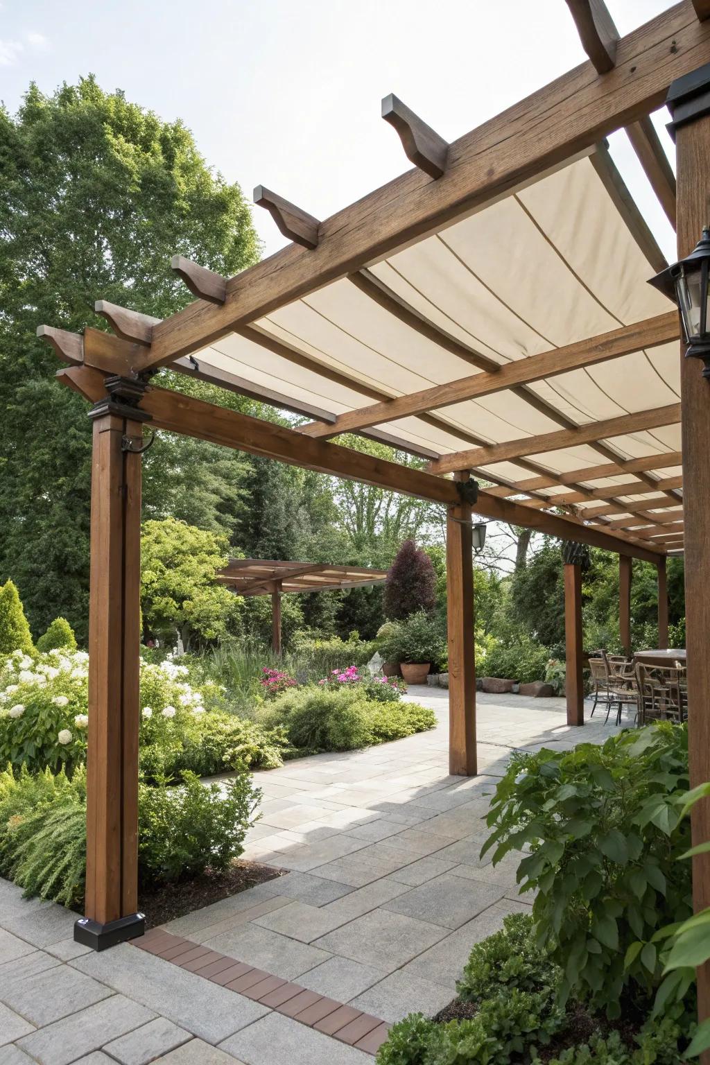 A pergola with a versatile retractable canopy for shade.