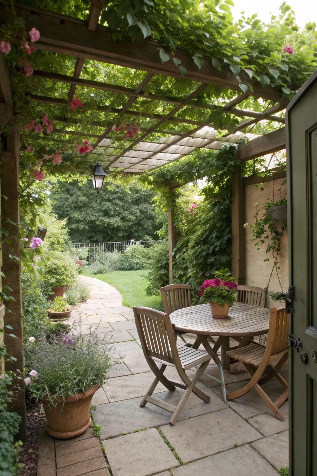 A pergola offers shade and a touch of elegance.