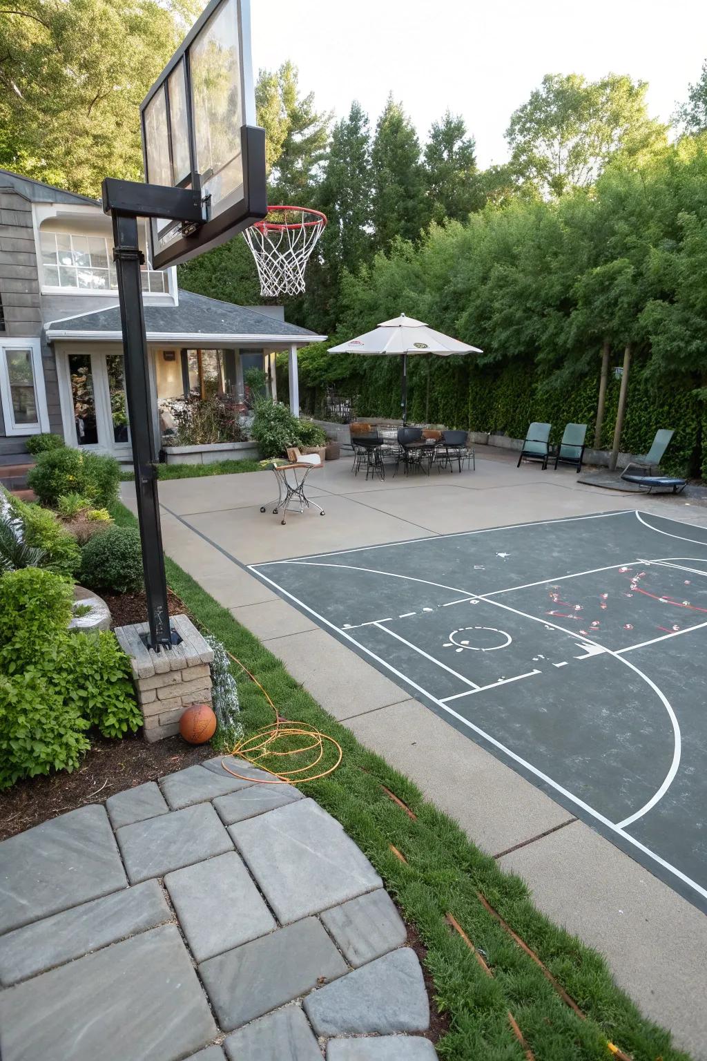 A multi-functional court that serves both as a basketball area and a social patio.