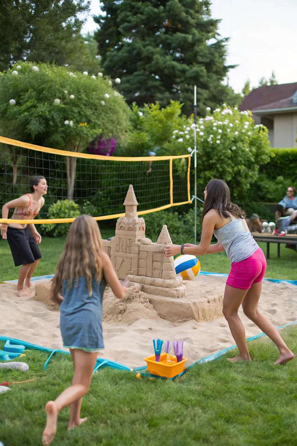 Backyard volleyball game with friends playing and a sandcastle contest in the background.