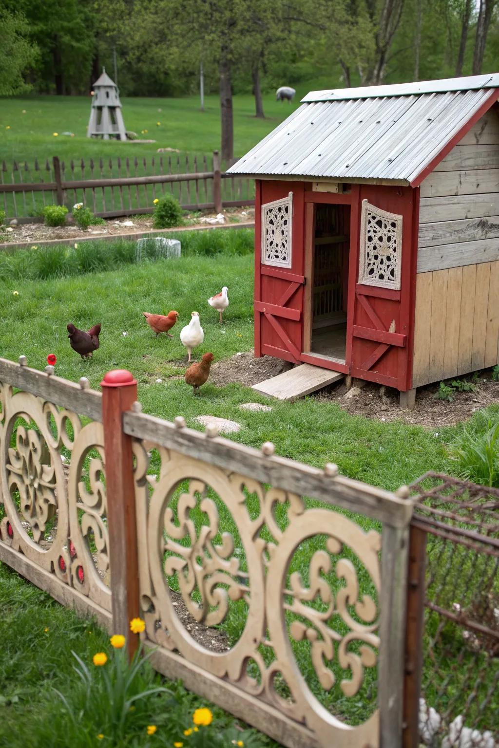 A decorative fence adds style and security to the chicken coop.