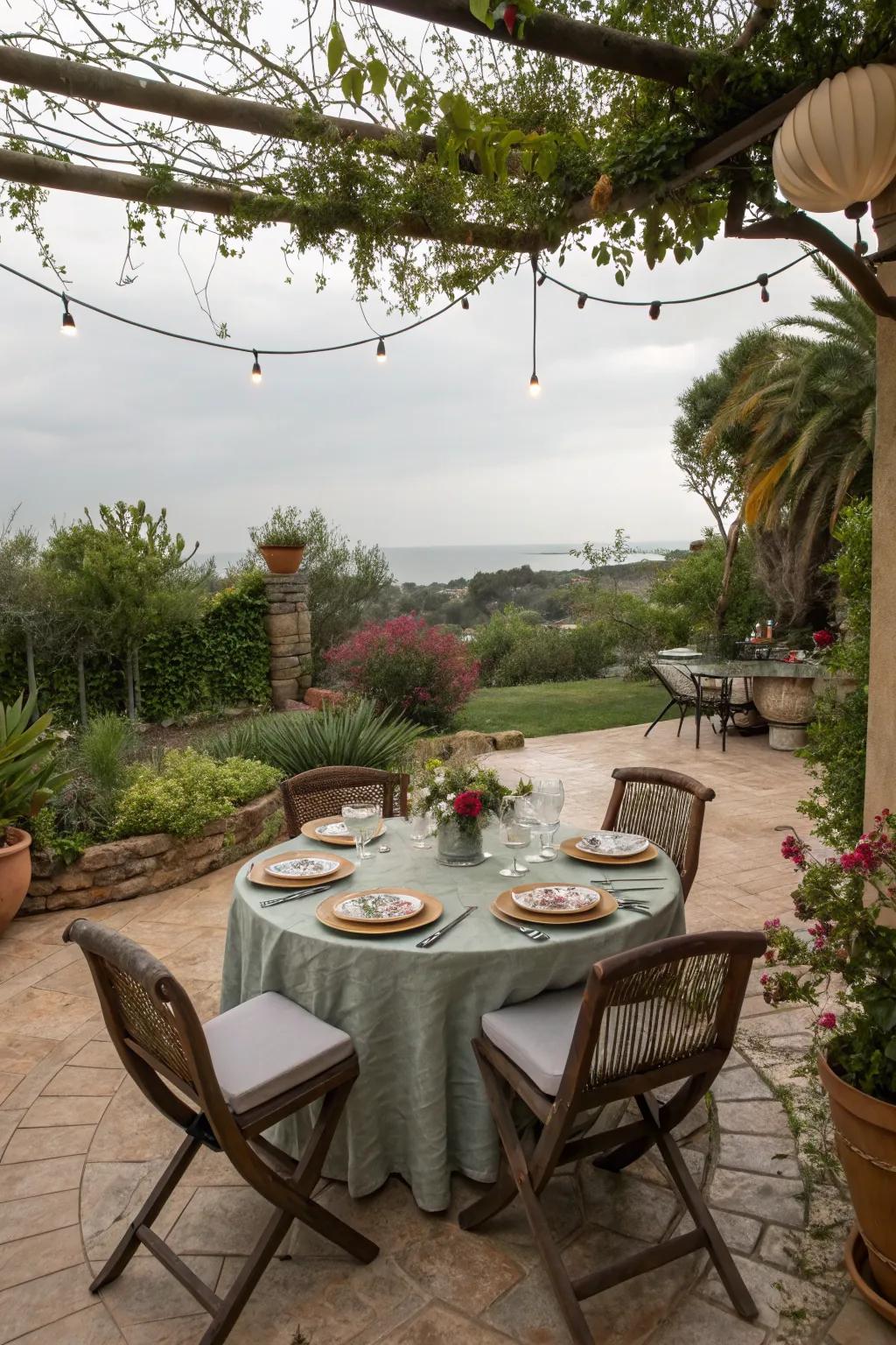 A serene alfresco dining setup on a circular patio.