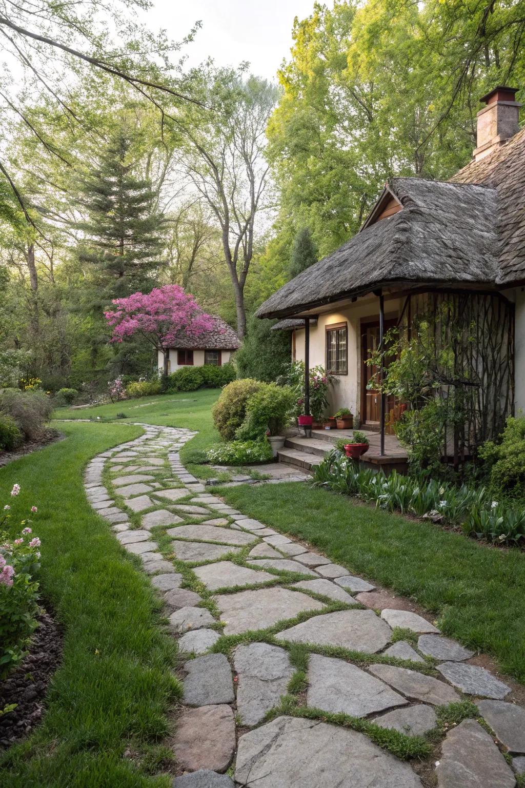 A stone pathway meandering through a lush garden to a cozy cottage.
