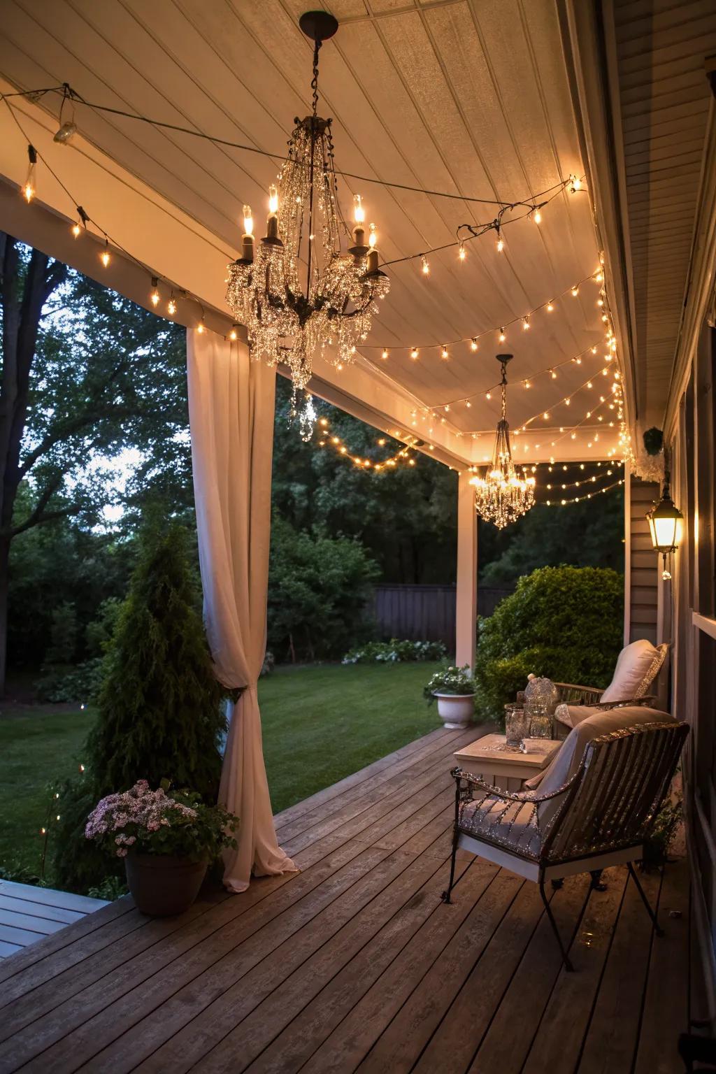 Ambient lighting setting a cozy mood on a covered porch.