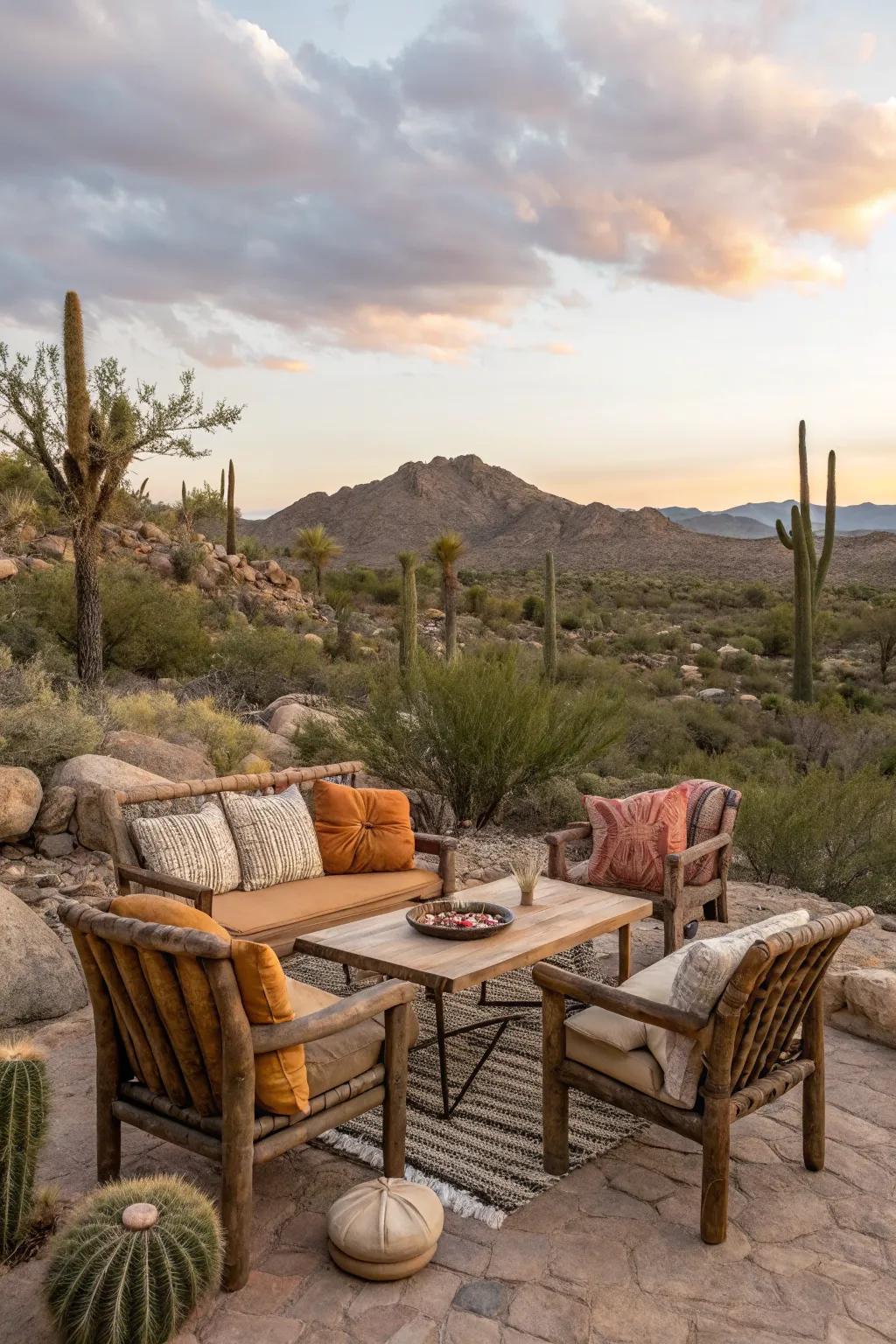 Earthy outdoor furniture blends beautifully with desert landscapes.