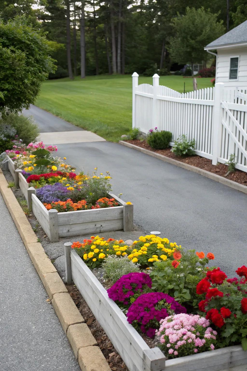 Raised beds bring color and texture to driveway borders.