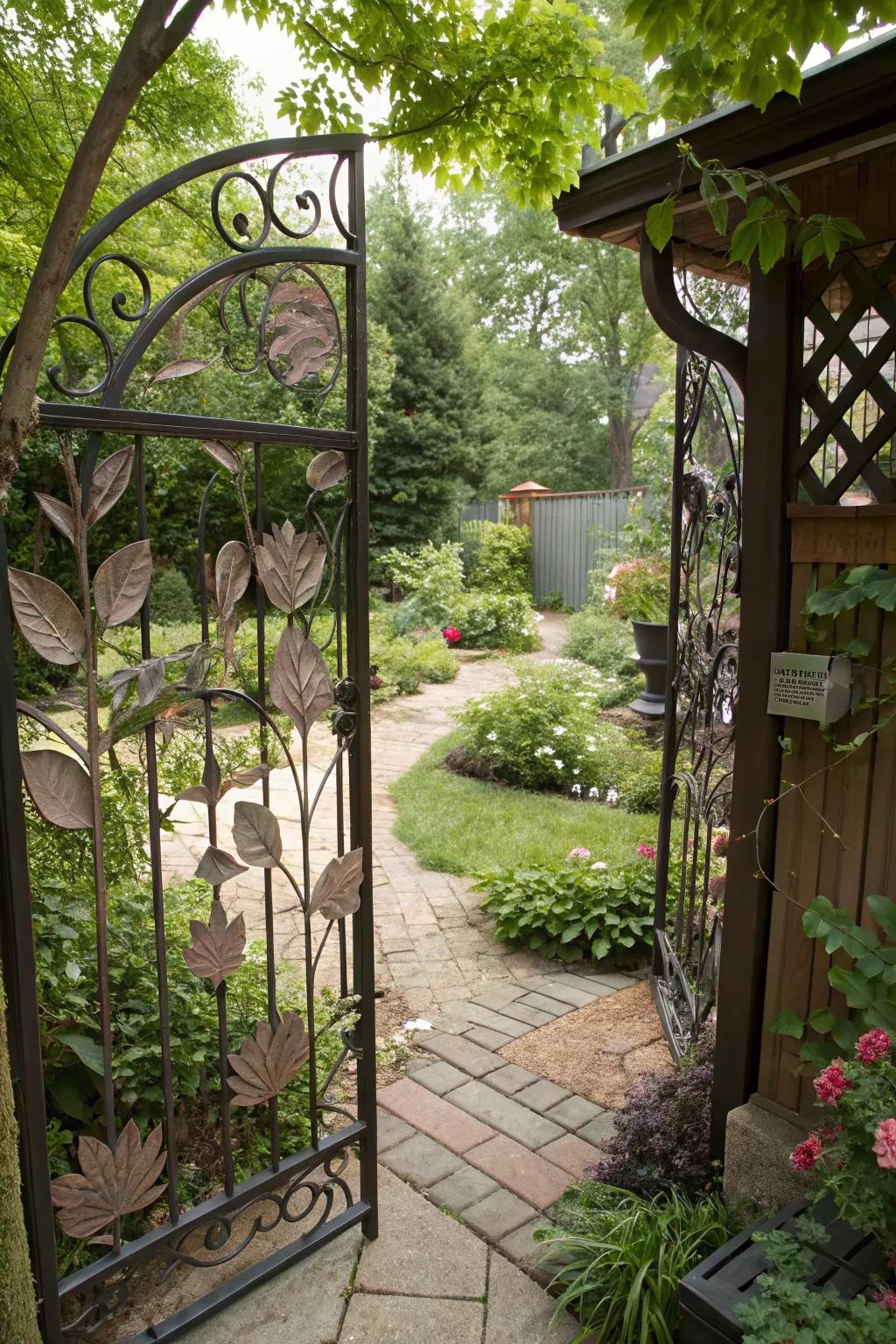 A backyard entrance with a decorative metal fence featuring leaf patterns.