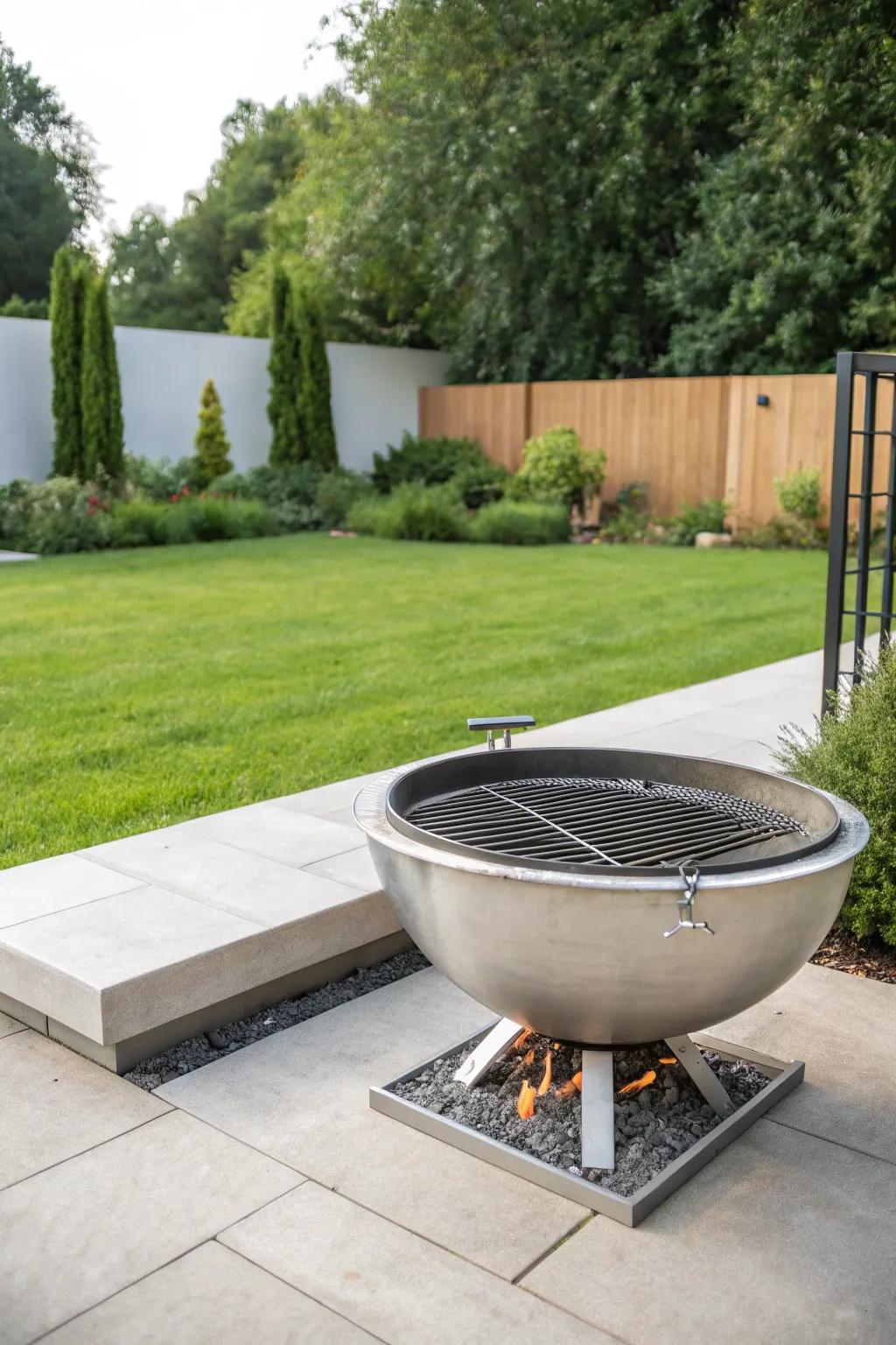 A modern steel fire pit with a grill offers a sleek aesthetic.