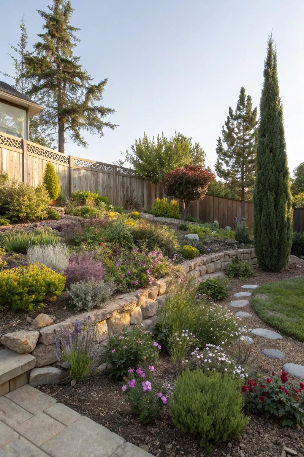 Layered planting adds dimension to the garden.