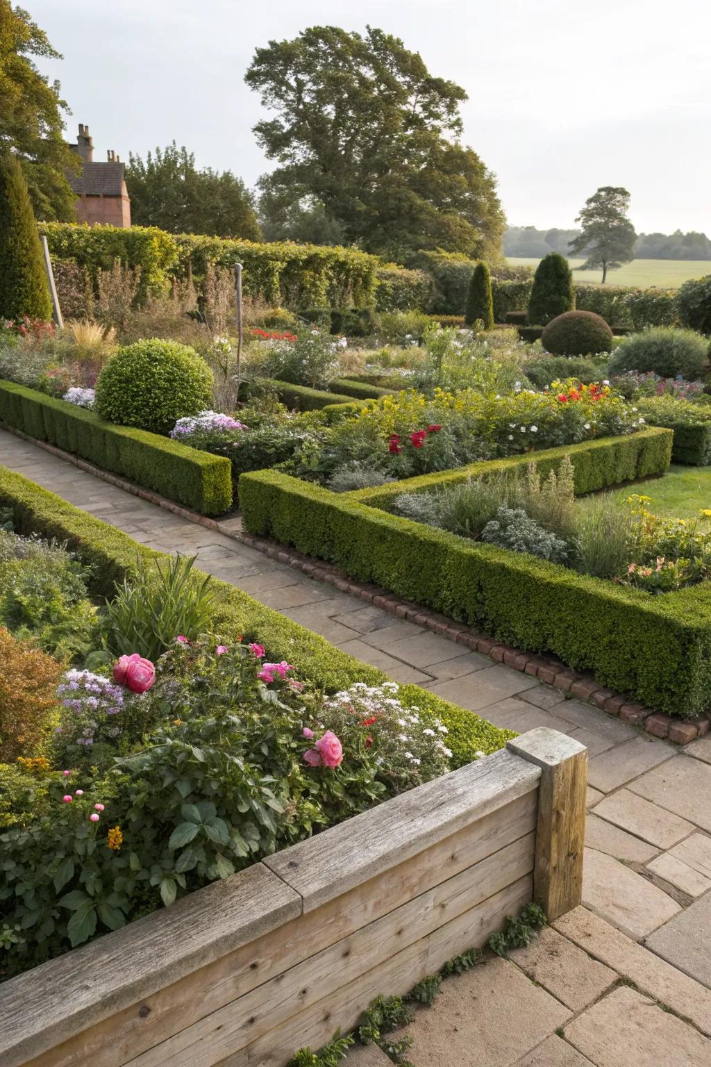 Defined garden beds with natural edging.