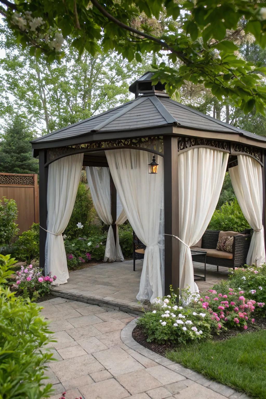 Elegant curtains provide privacy and enhance the gazebo's style.