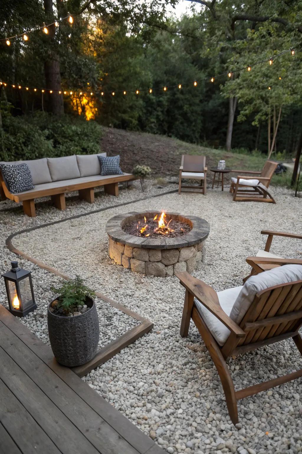 A gravel fire pit area is perfect for outdoor gatherings.