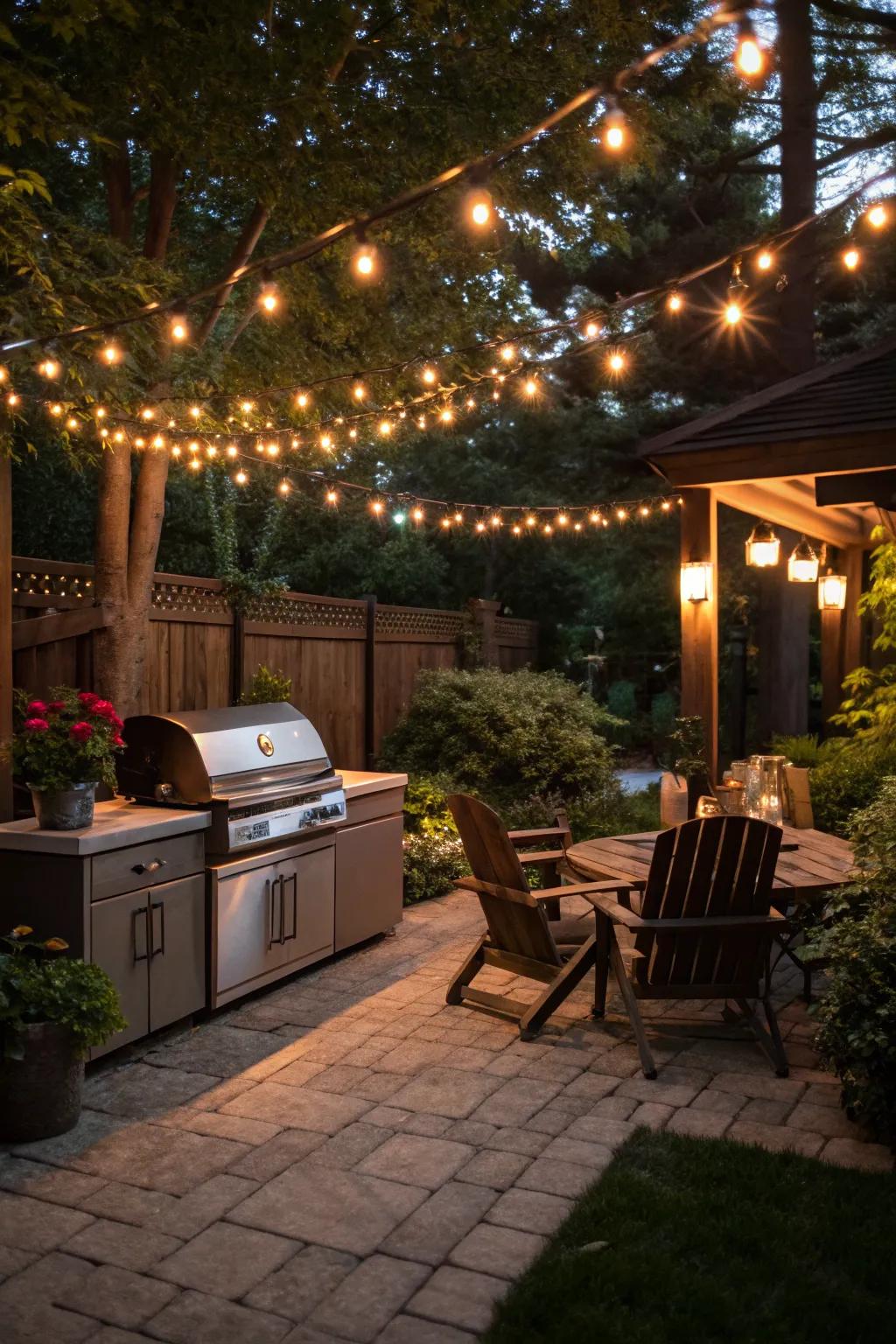 Ambient lighting transforms your patio into an inviting evening retreat.