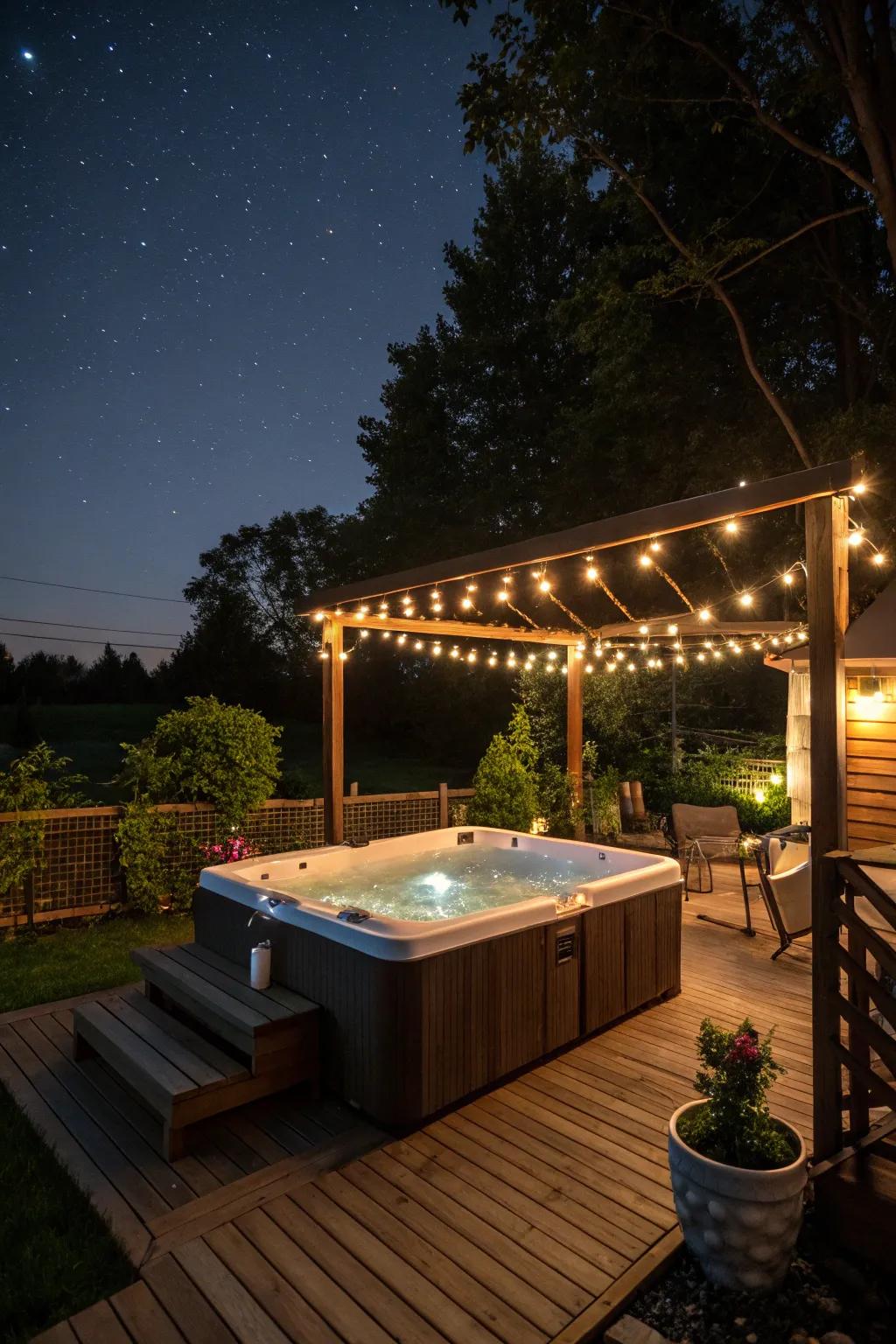 String lights add a touch of magic to a backyard hot tub setting.