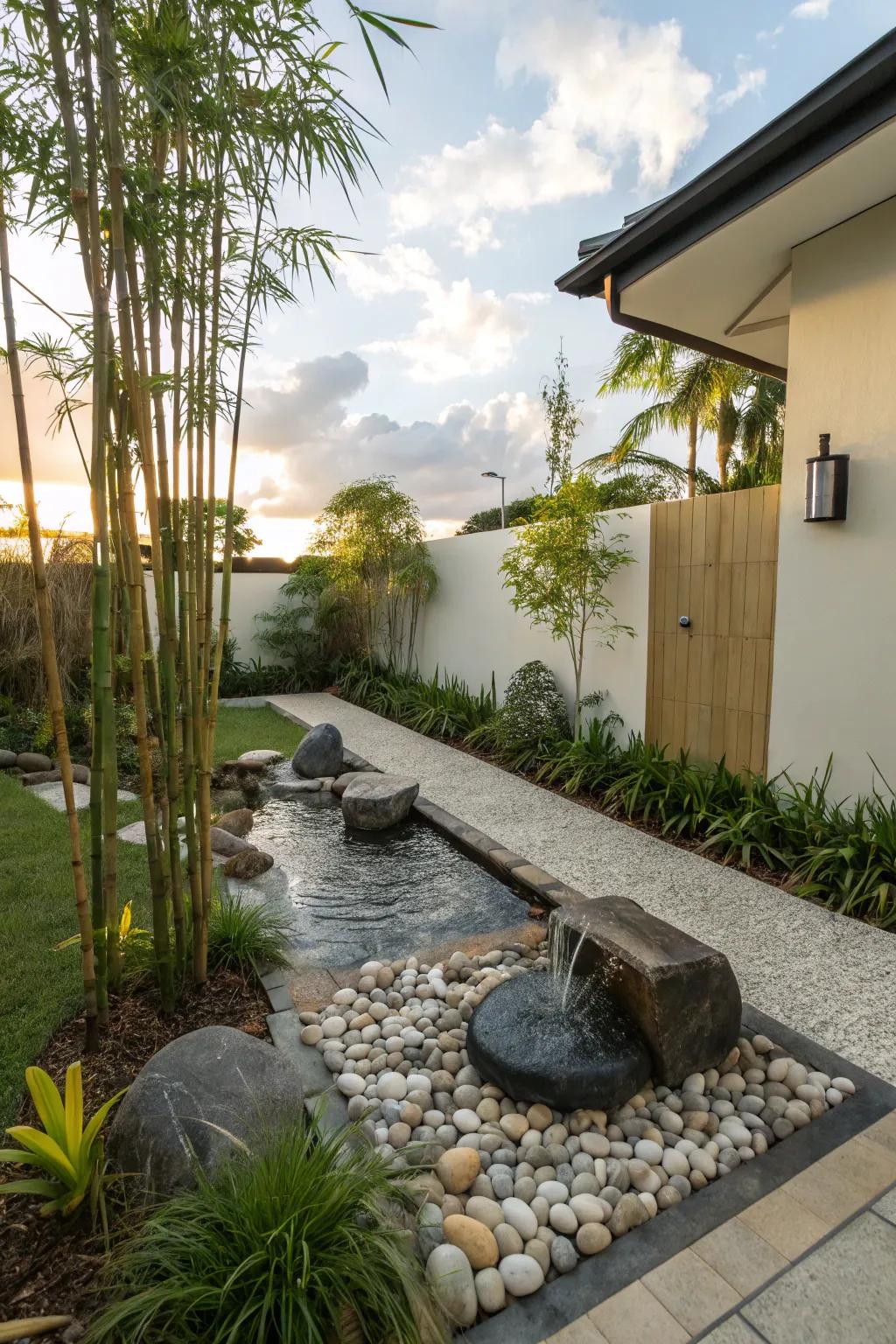 A serene Zen garden in a Florida backyard with stones and bamboo.