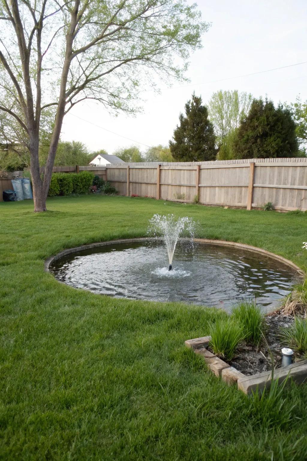 A serene water feature nestled in lush greenery.